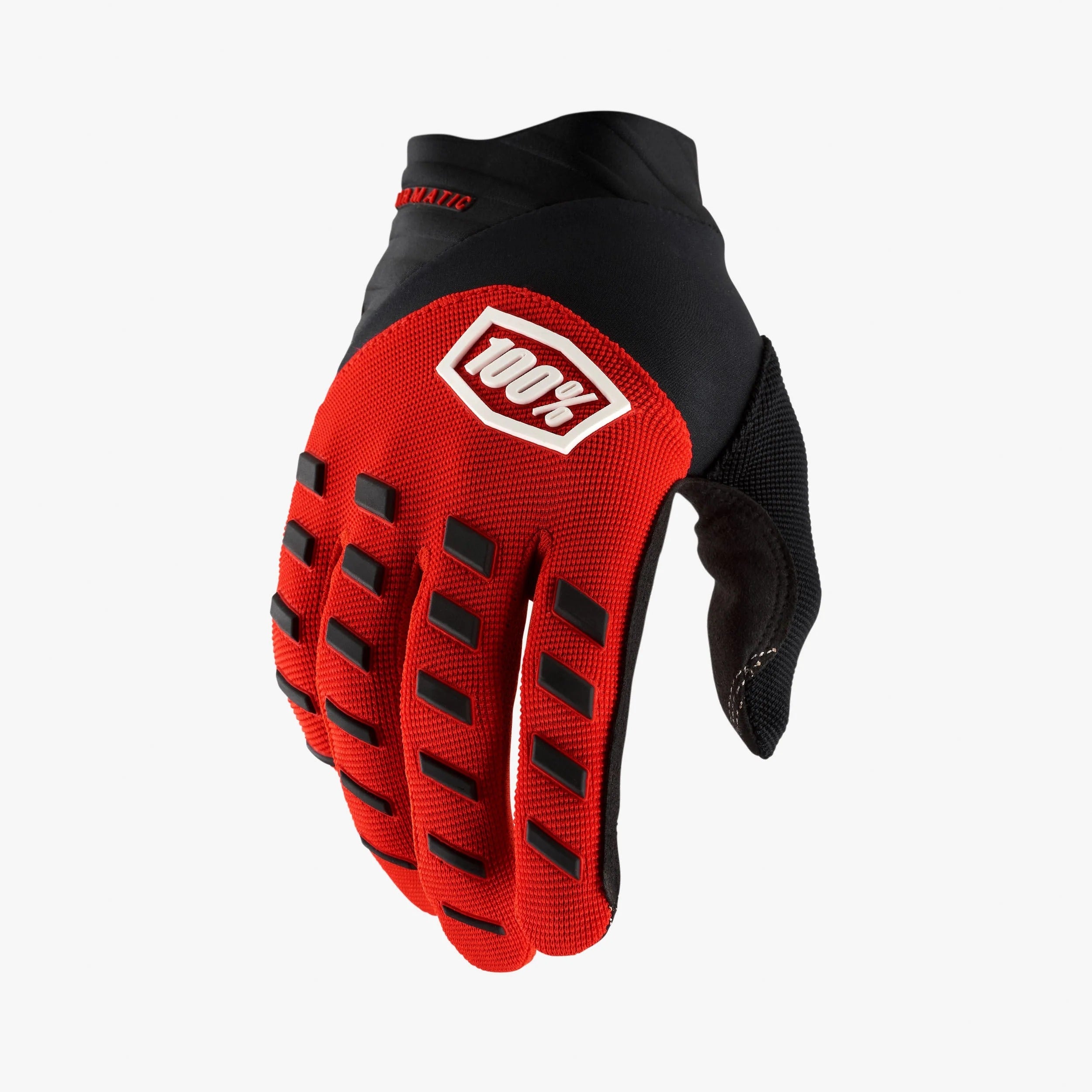 Red and black mountain bike glove with 100% logo on a white background