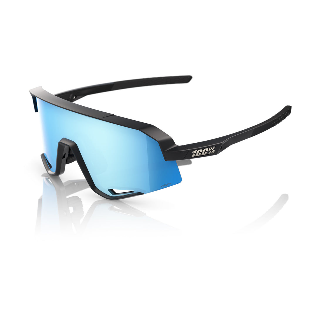 A picture of the 100% Slendale Cycling Sunglasses Matte Black/Hiper Blue Mirror angle view
