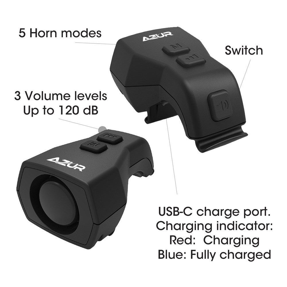 A picture with diagrams on the different features of the Azure E-Bell Bicycle Bell