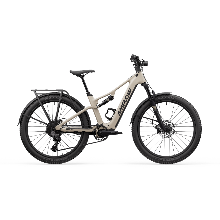 Beige Amflow electric bike with black components on a white background
