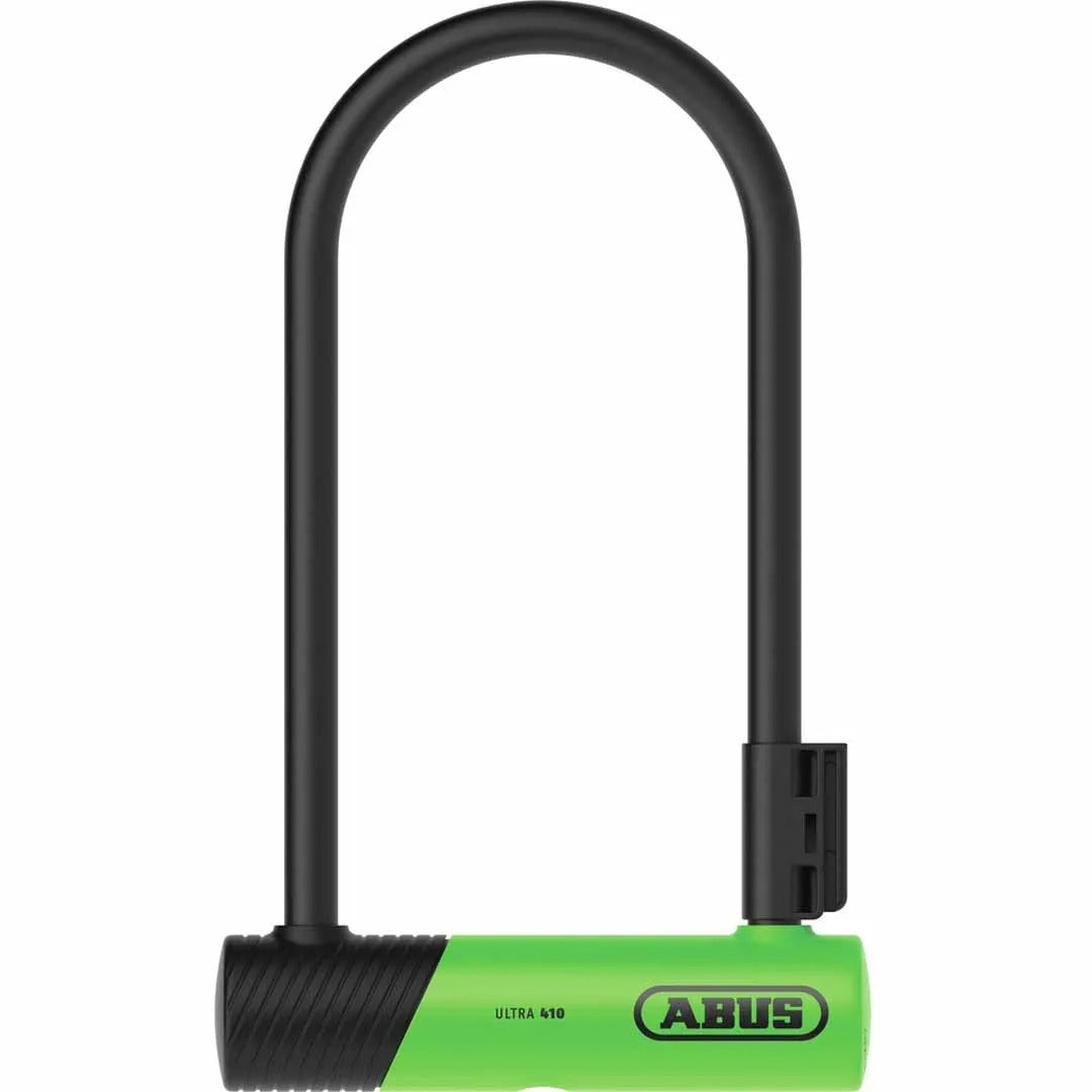 Green and black U-shaped bike lock with ABUS branding on a white background