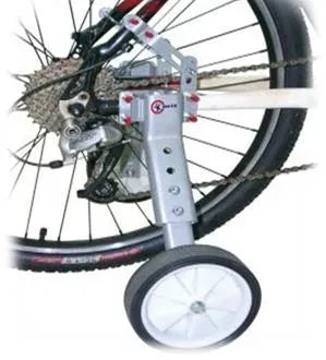 Bicycle training wheel attached to a bike wheel on a white background