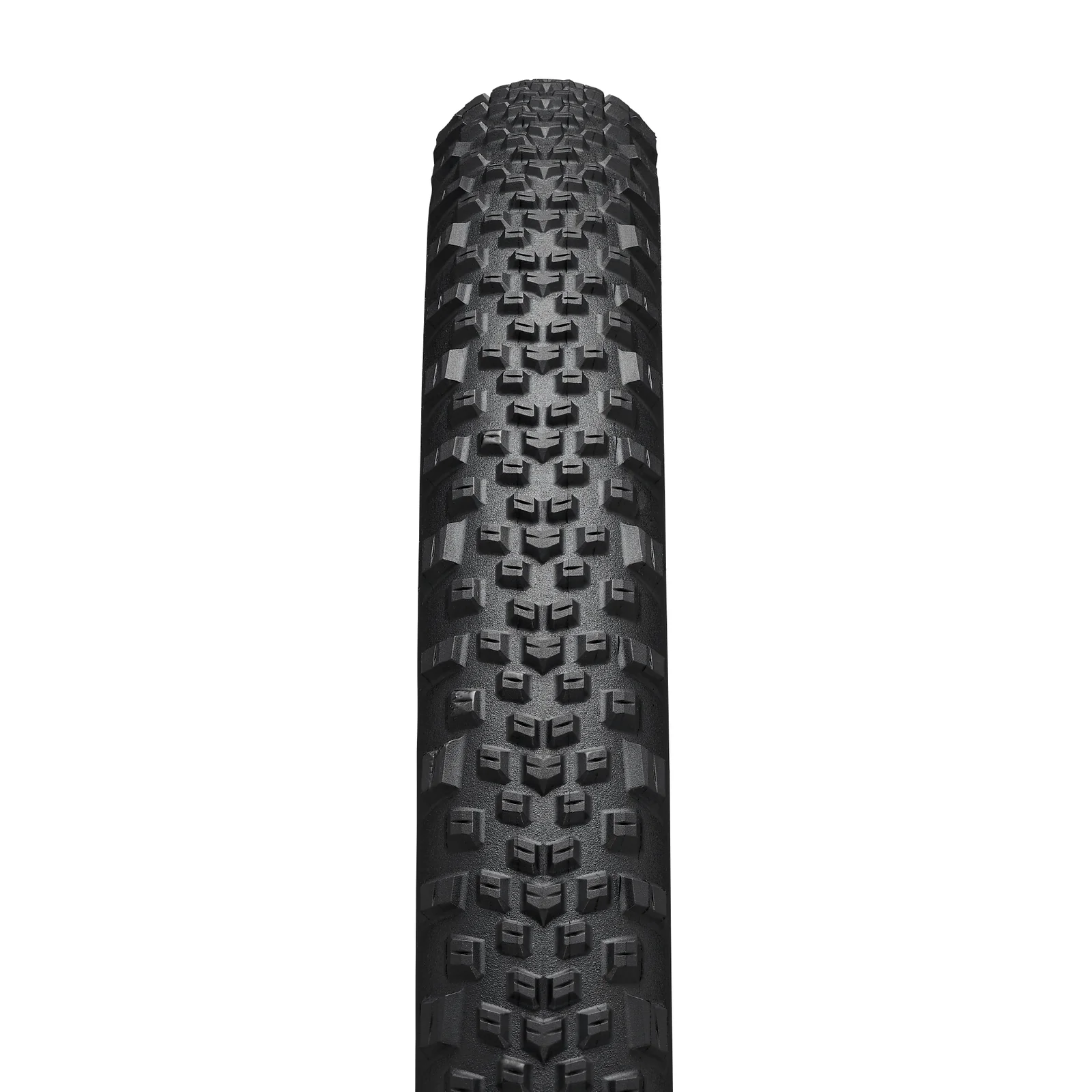 Black tyre with tread pattern on a white background