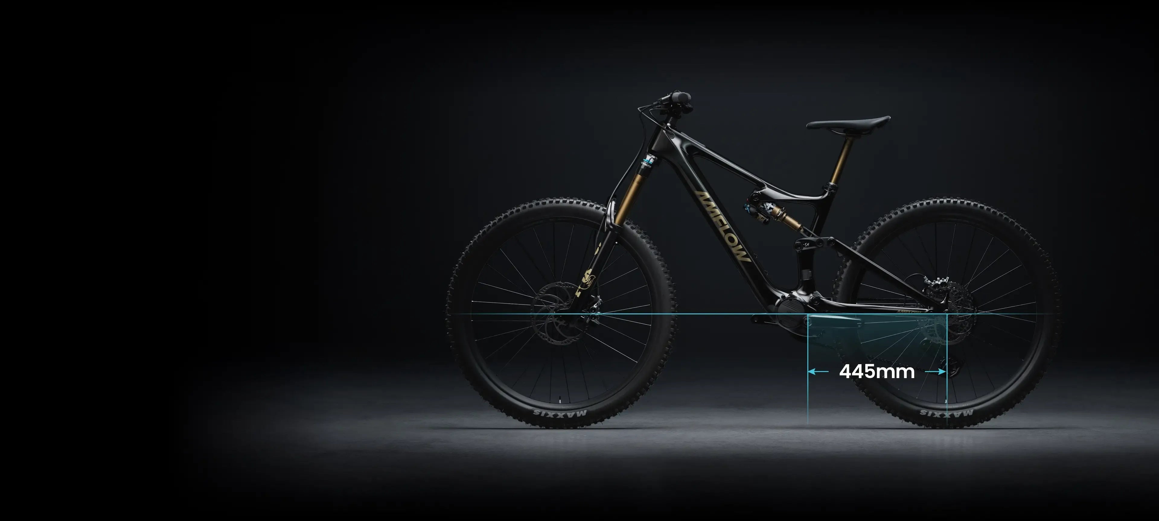 Dual Suspension electric mountain bike with a highlighted chainstay size of 445mm on a dark background
