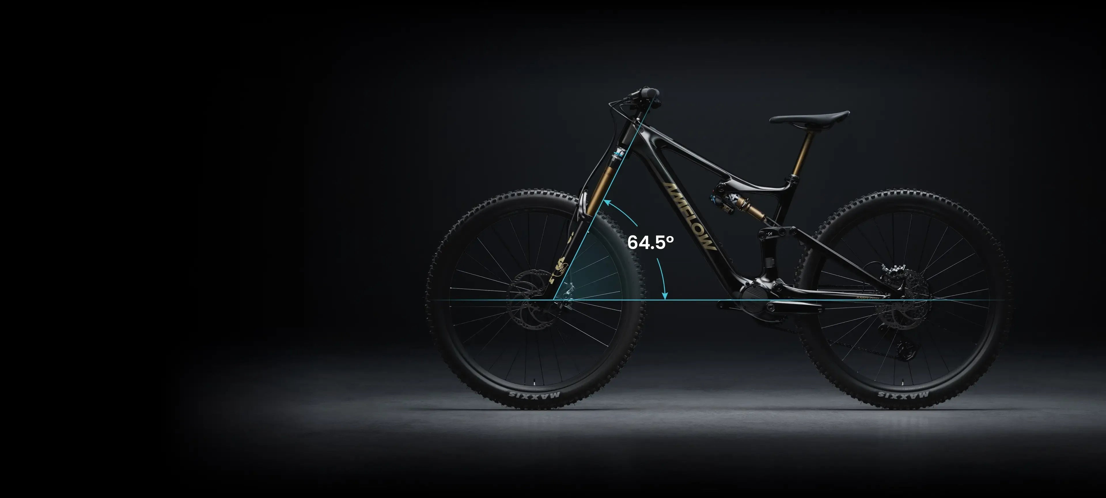 Electric mountain bike on a dark background with heat tube angle measurement displayed