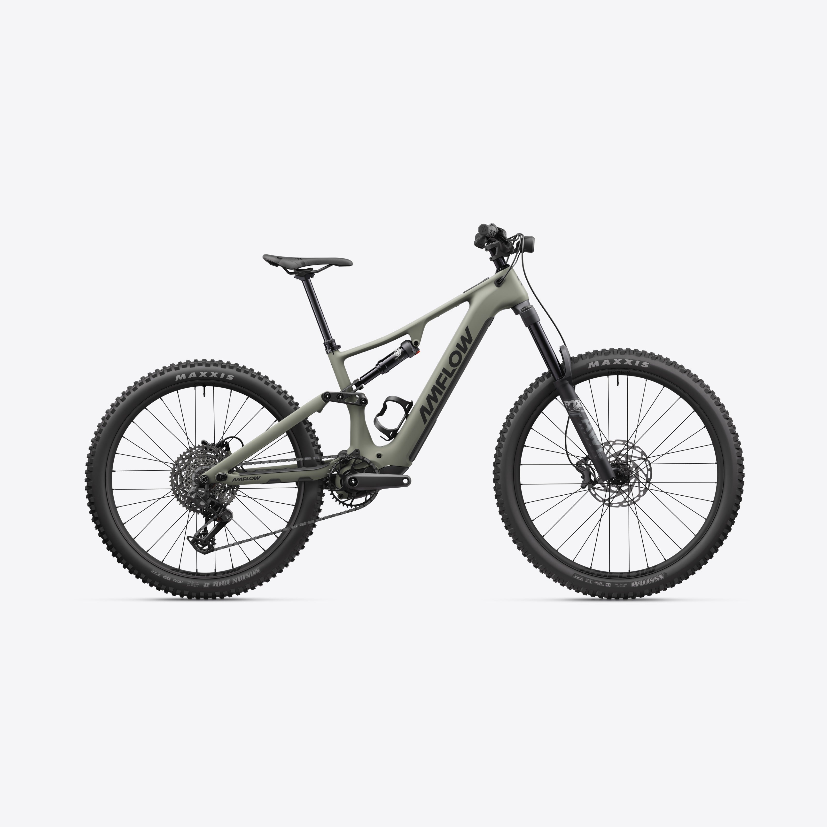 Green electric dual suspension mountain bike on a white background