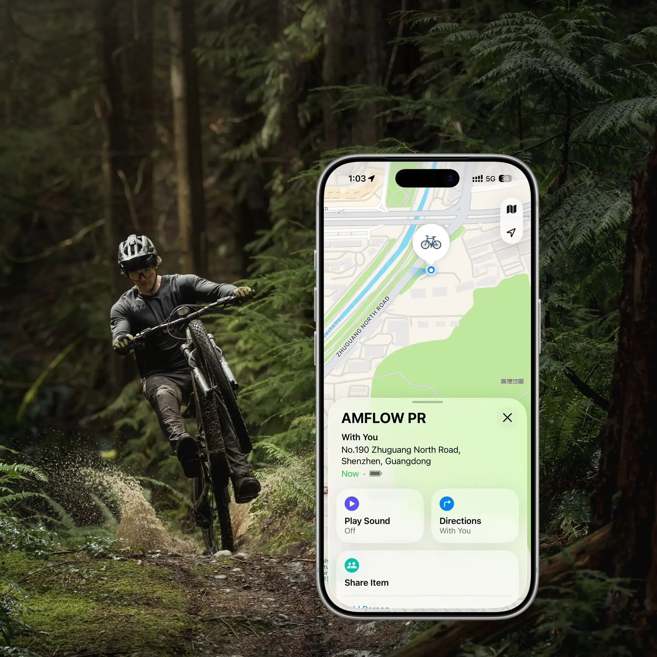 Phone displaying a navigation app with a mountain biker in the forest