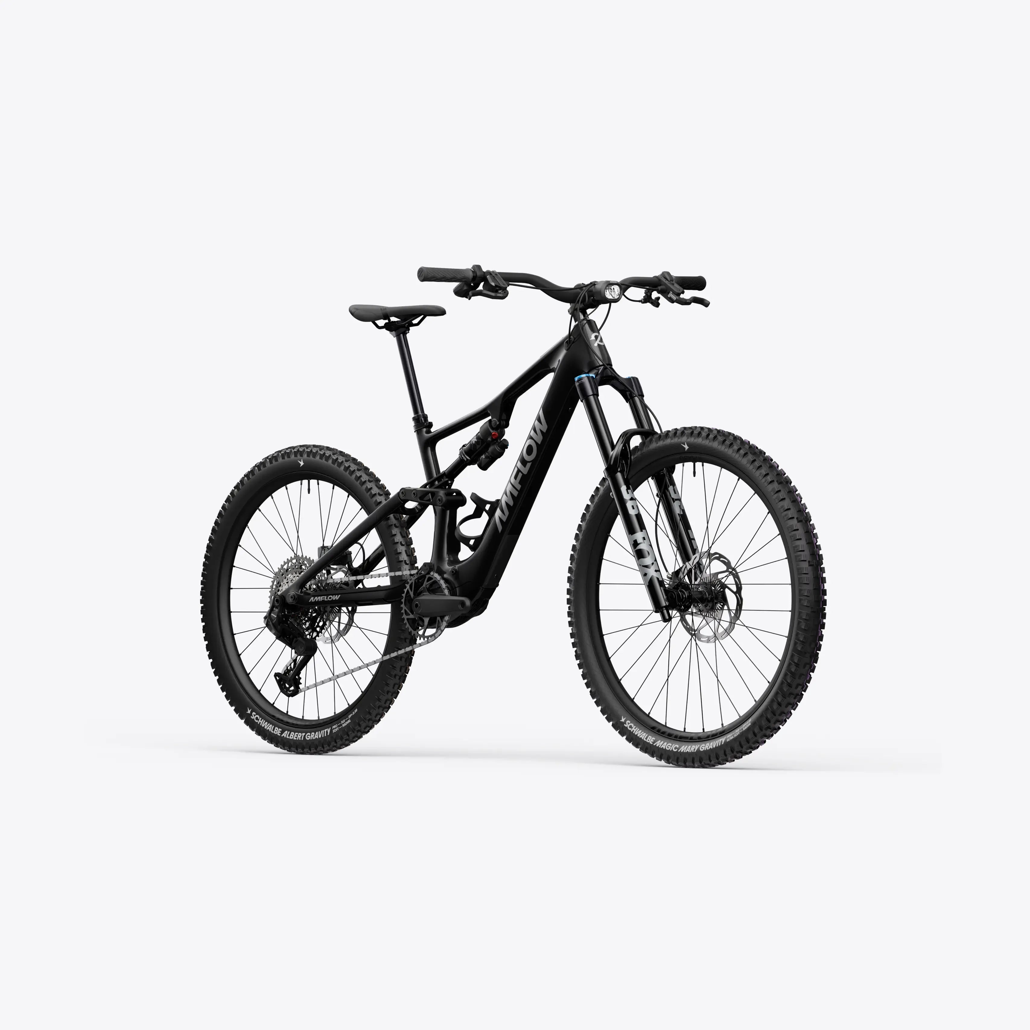 Black Amflow Electric Dual Suspension Mountain Bike on a white background