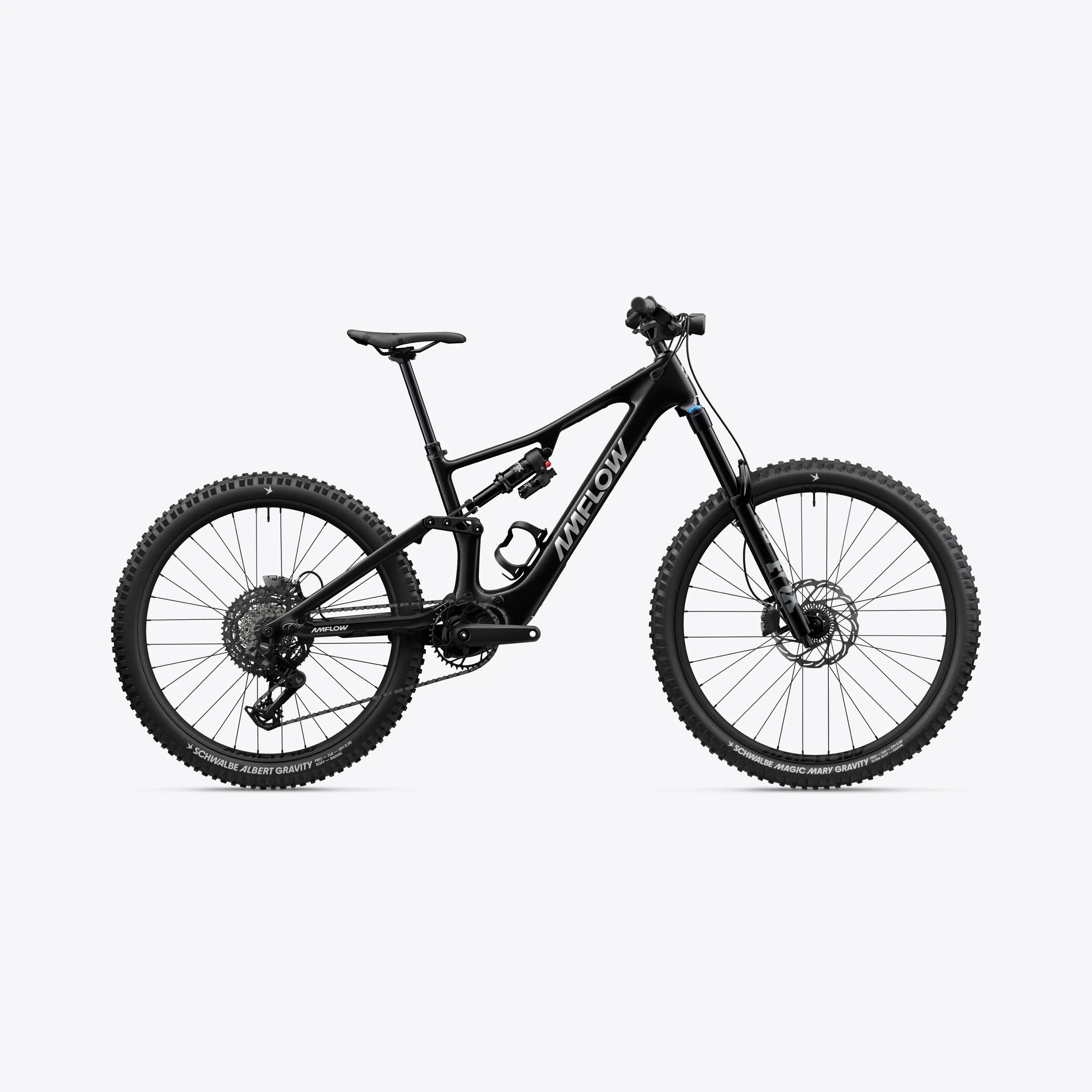 Black Amflow electric dual suspension mountain bike on a white background