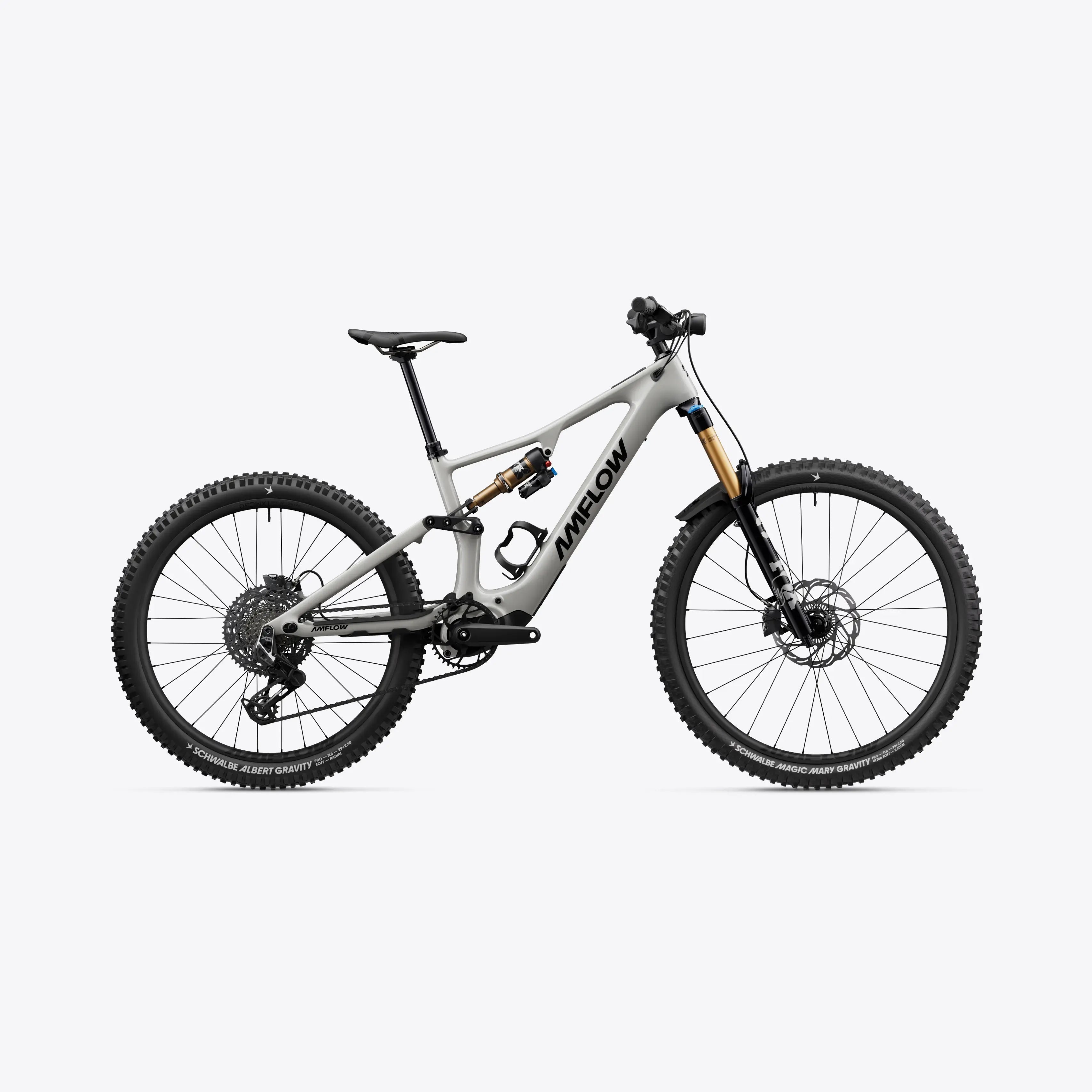Gray electric dual suspension mountain bike on a white background