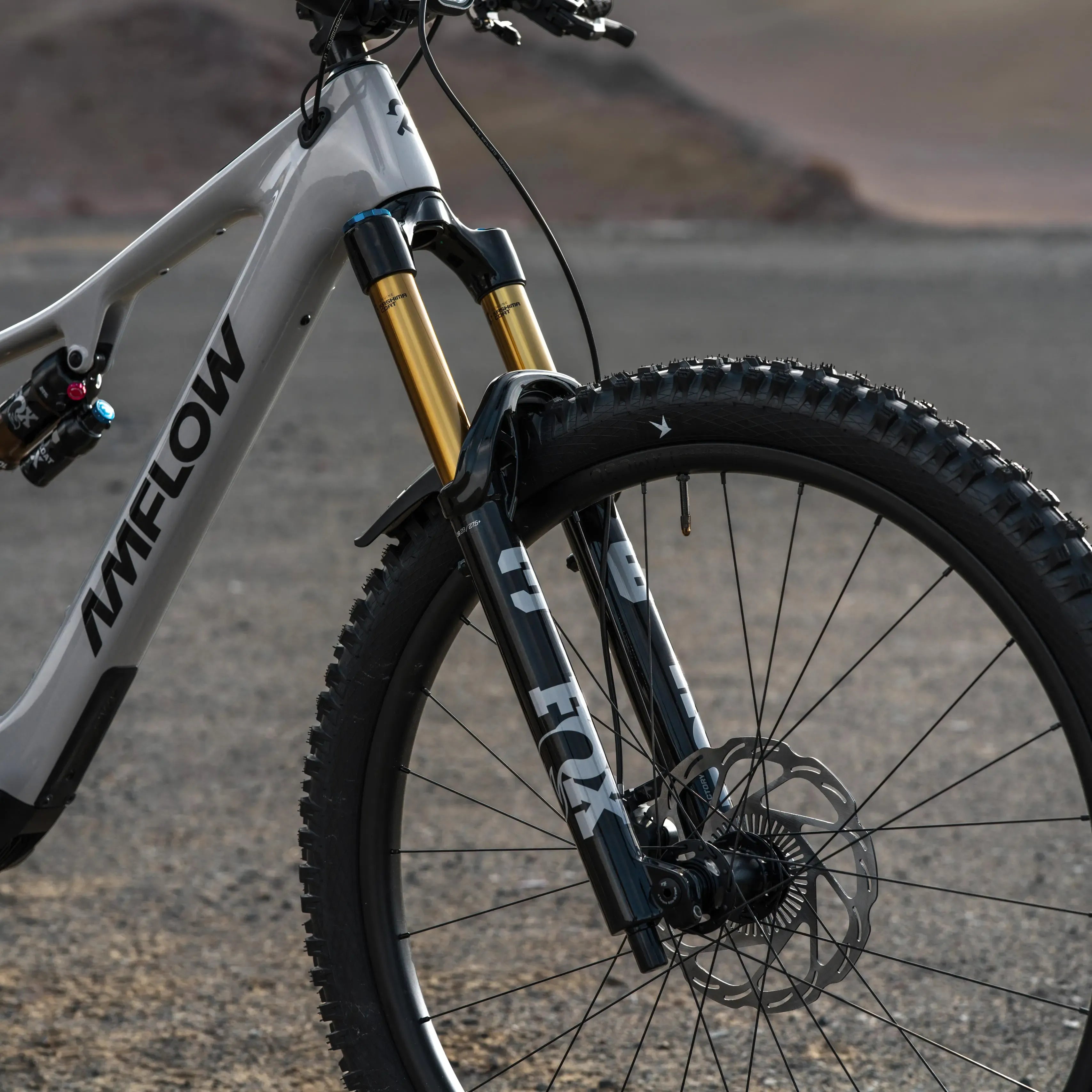 Close-up of a mountain bike front fork with 'AMFLOW' branding on a blurred road background
