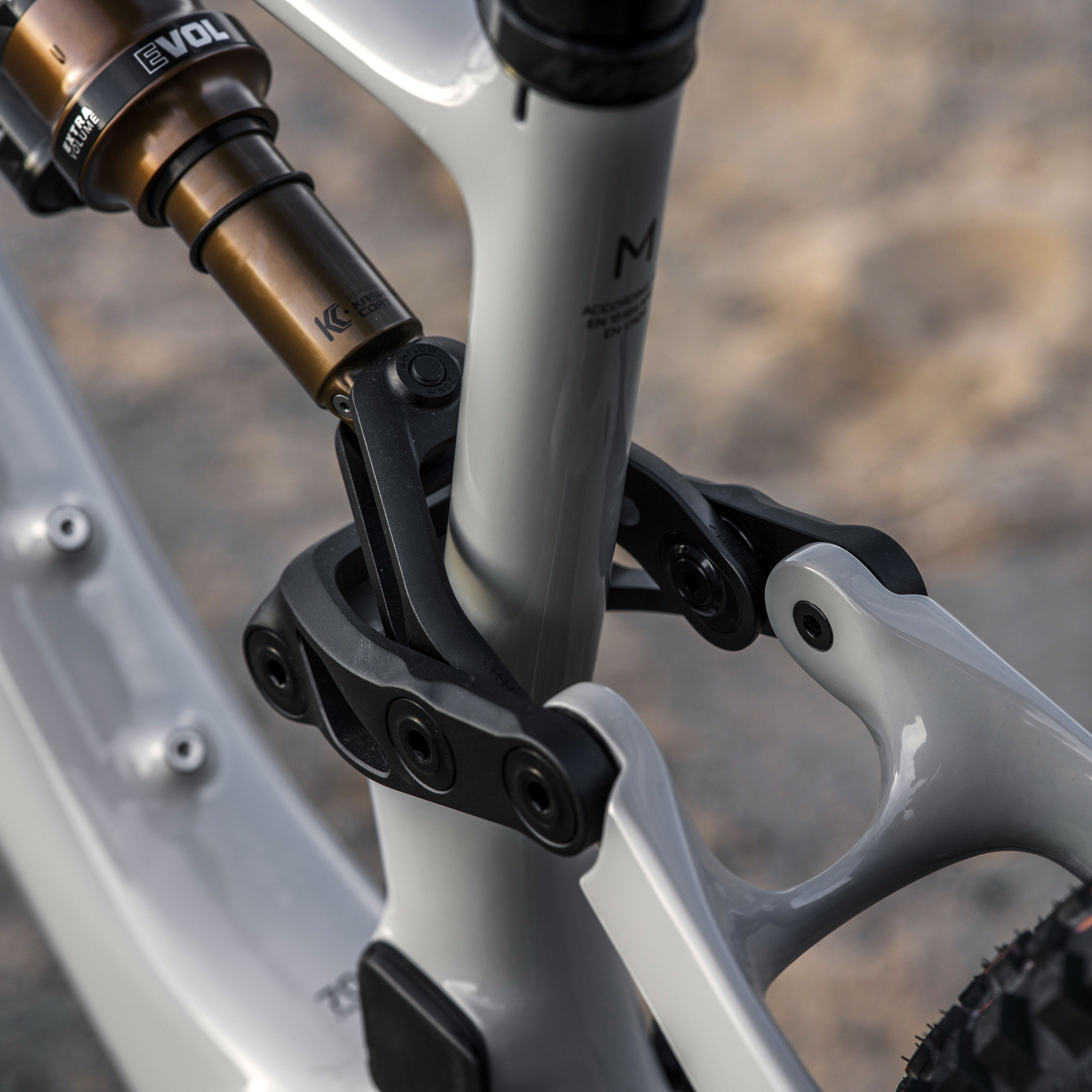 Close-up of amountain bike rear suspension with a blurred natural background