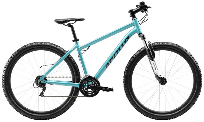 A pale blue Apollo Mountain Bike on a white background