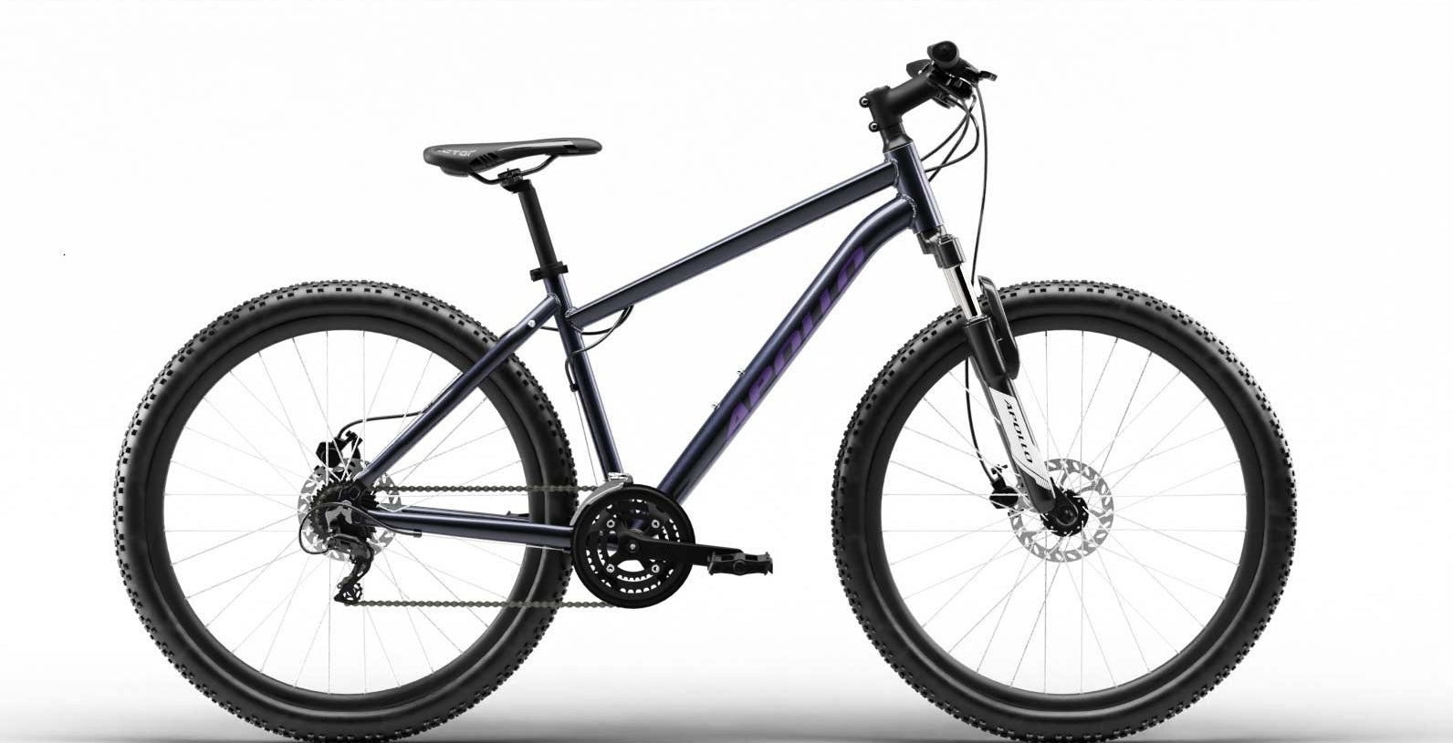 A dark metallic Apollo mountain bike with knobby tyres, a front suspension fork, and disc brakes, shown from a side profile on a white background.