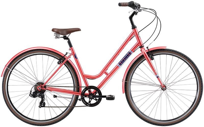 A classic step-through city bicycle with a coral pink frame, brown saddle, and black handlebars, shown against a plain white background.