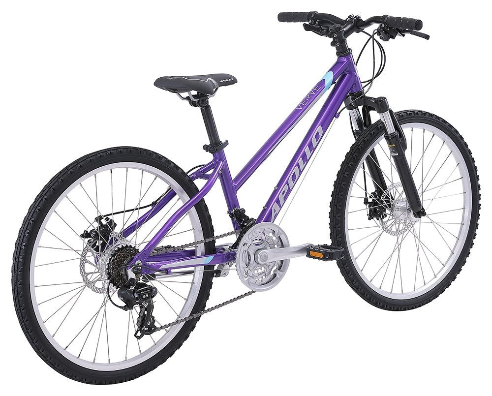 Purple Apollo Kids Mountain Bike with black components on a white background