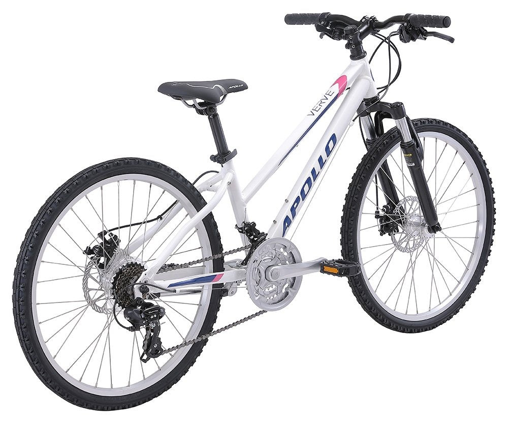 White Apollo Kids Mountain Bike with black components on a white background