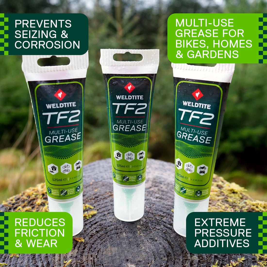A picture of three tubes of Weldtite TF2 Multi-Use Grease on a log