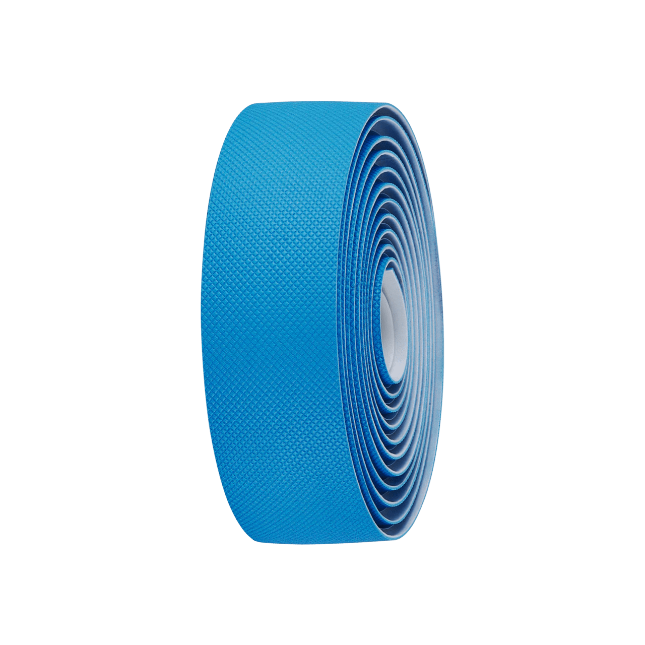 Roll of blue road bike bar tape on a white background