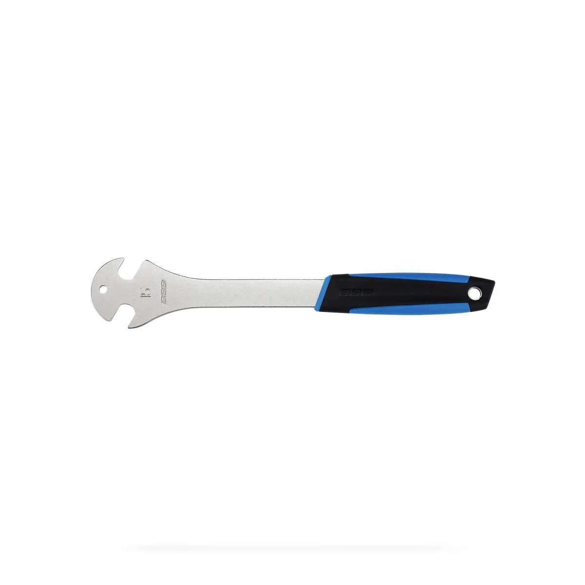 Bicycle pedal wrench with a black and blue handle on a white background