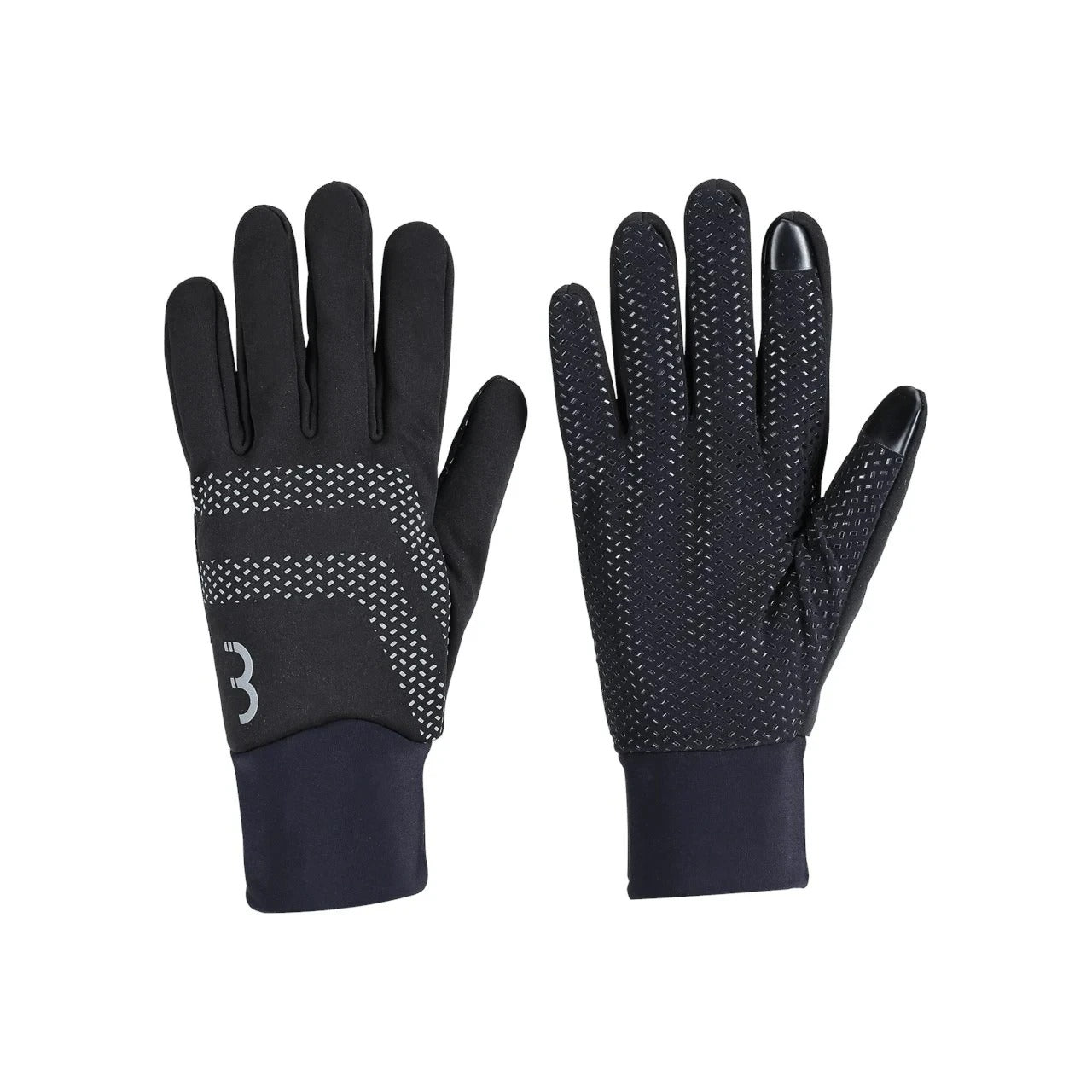 Pair of black cycling gloves with textured palm and BBB brand logo on a white background