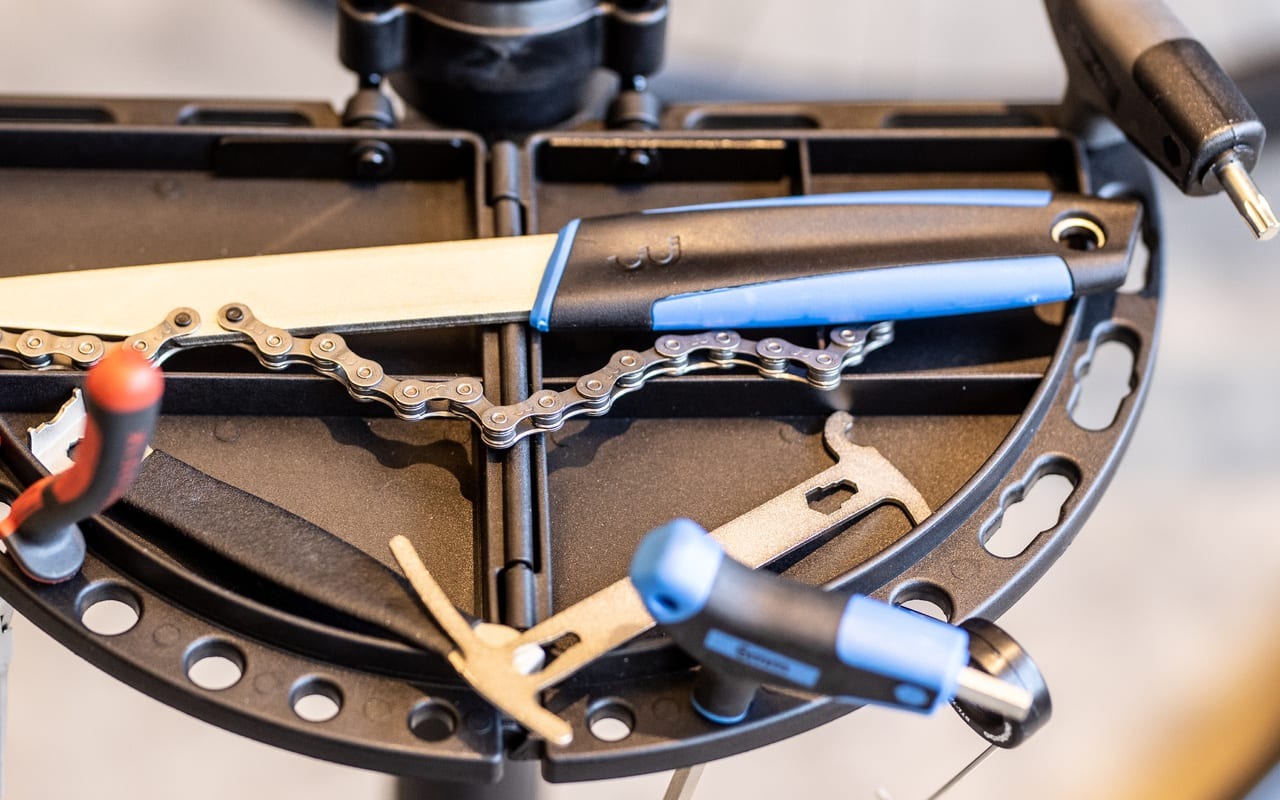 Close up of bicyle tools on a workstand