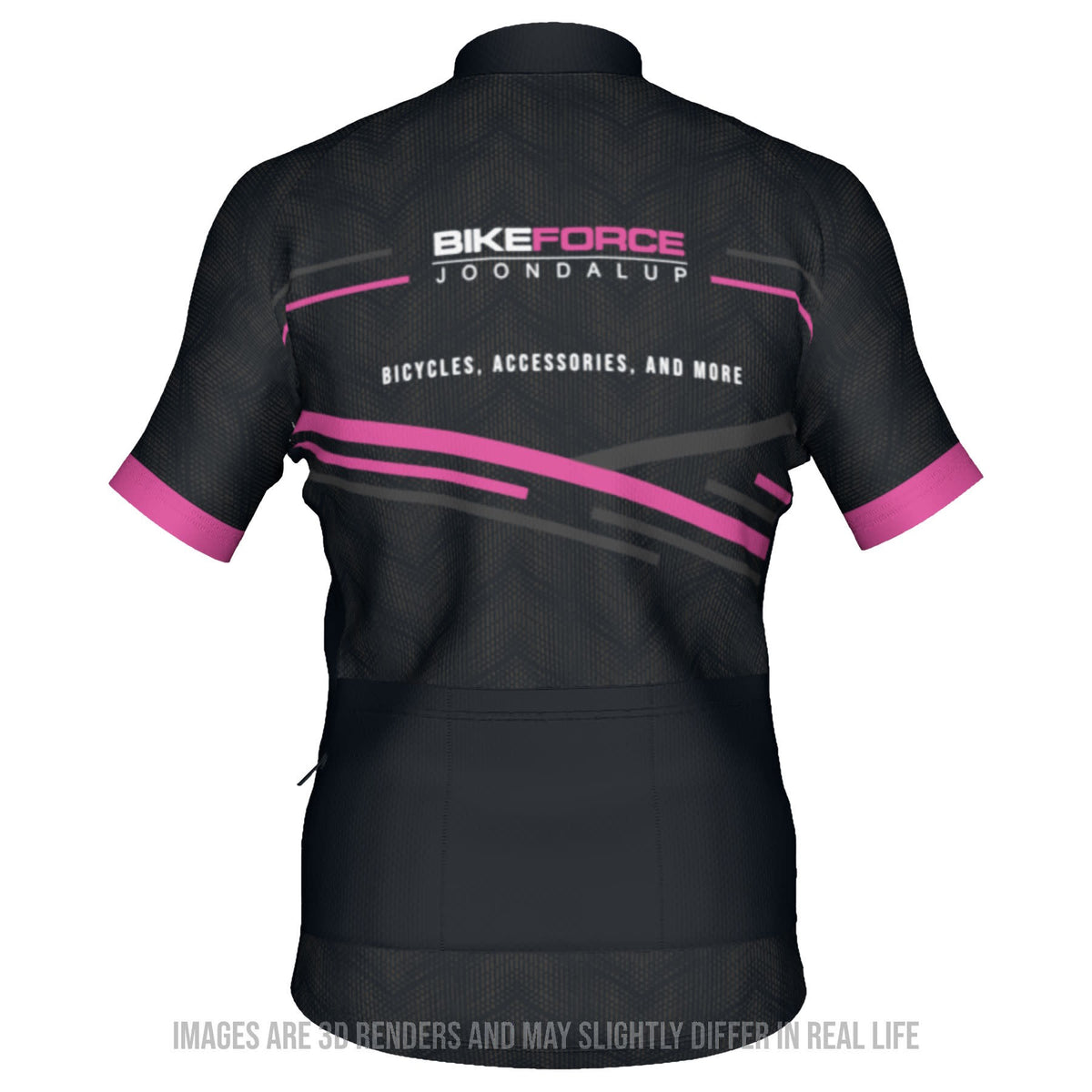 The back view of a Bike Force Joondalup Cycling Jersey with pink and grey diagonal stripes on a white background