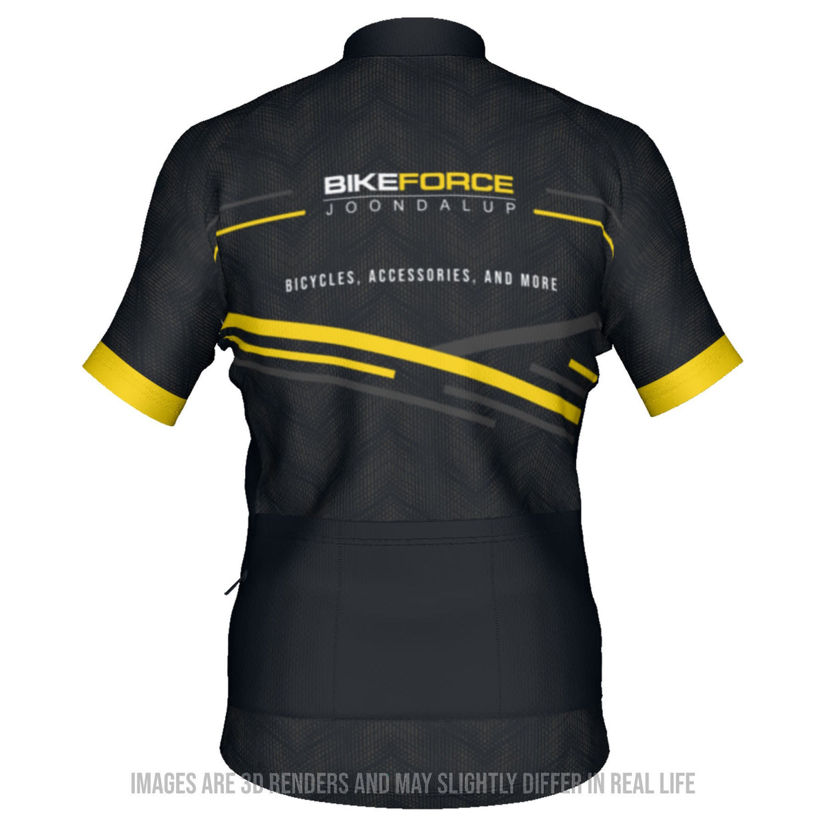 The back view of a black Bike Force Joondalup Cycling Jersey with yellow and grey diagonal stripes on a white background