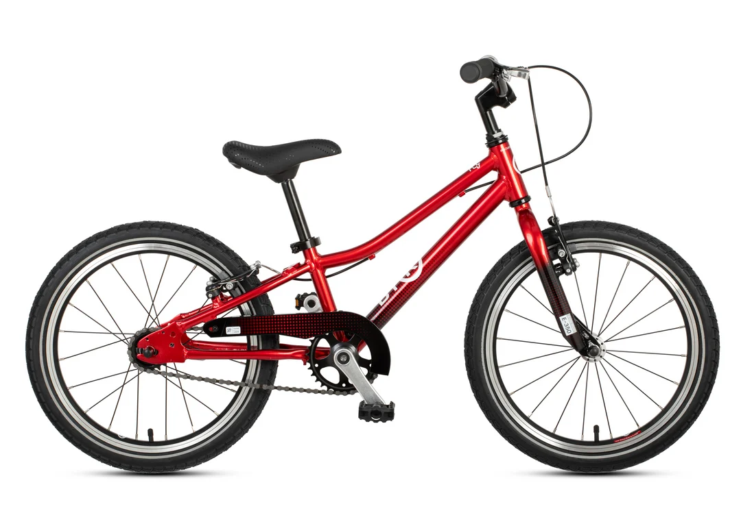 A red BYK Kids' bicycle with black tyres, black saddle, and silver rims, shown from a side profile on a white background.
