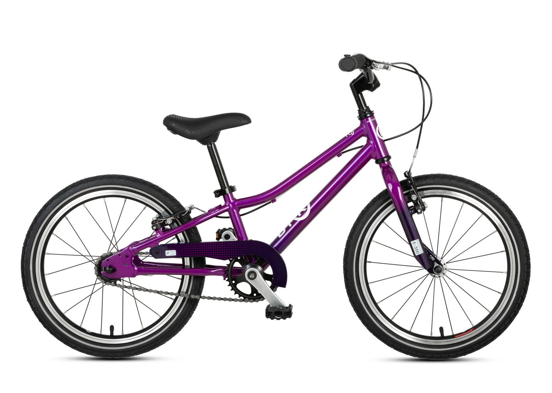 A purple kids' BYK bicycle with black tyres, a black saddle, and black handlebars, shown from a side profile on a white background.