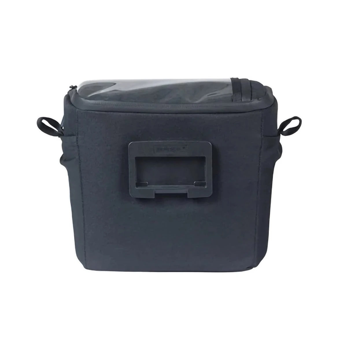 A black bicycle handlebar bag showing the rear mount on the bag on a white background