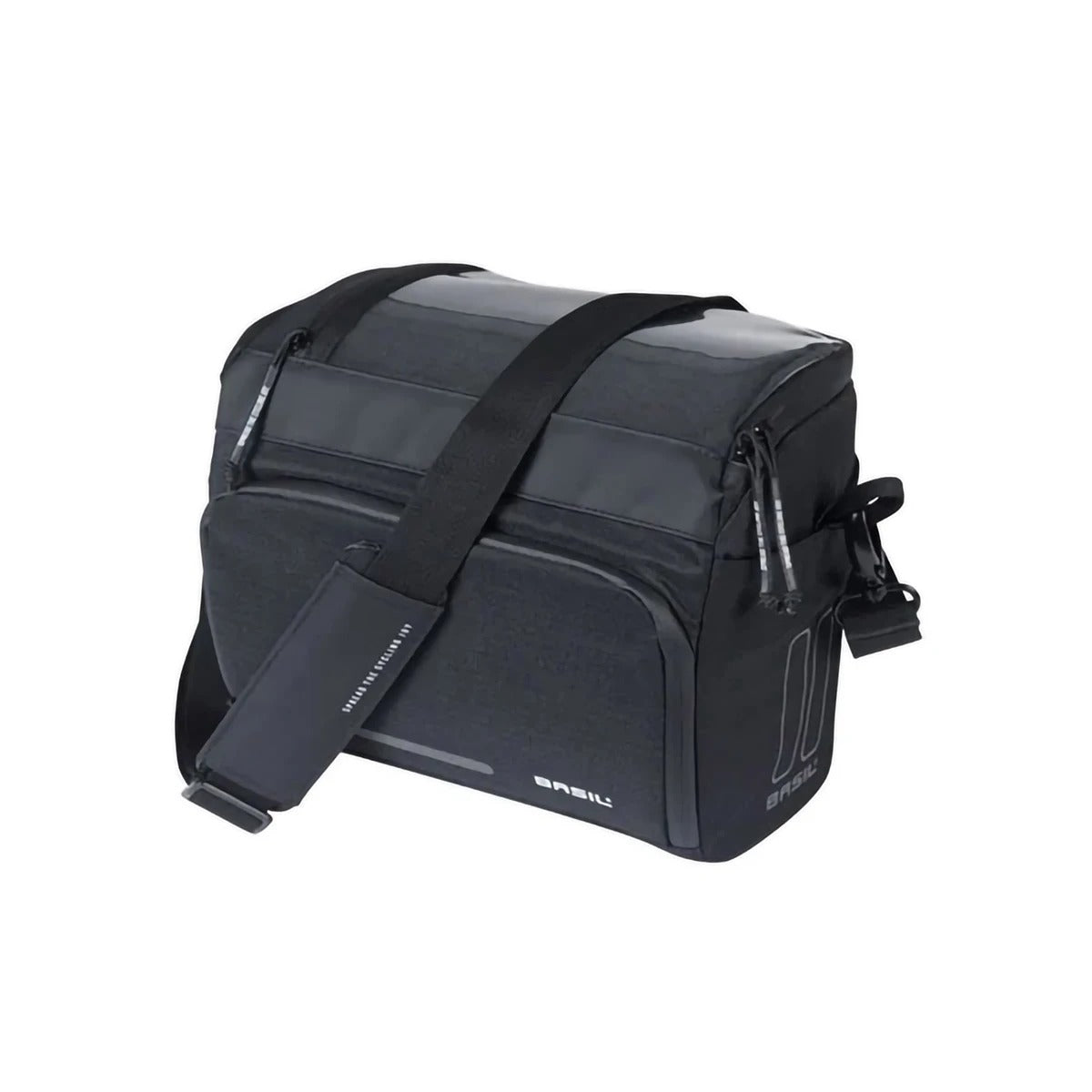 A black Basil bicycle handlebar bag with strap on a white background