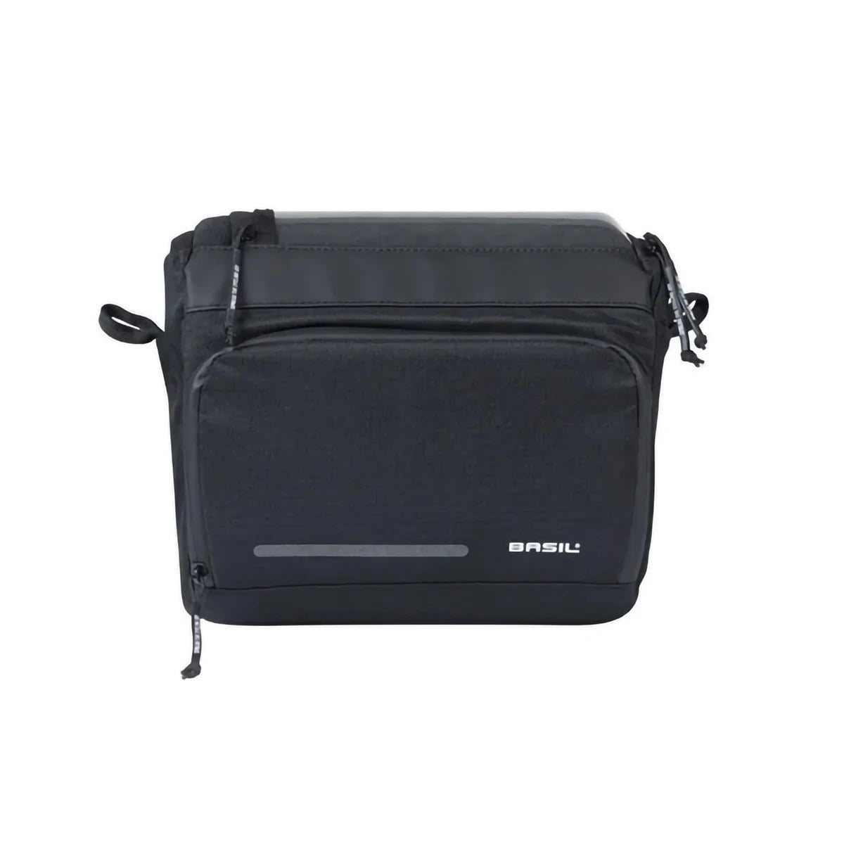 A black Basil bicycle handlebar bag on a white background