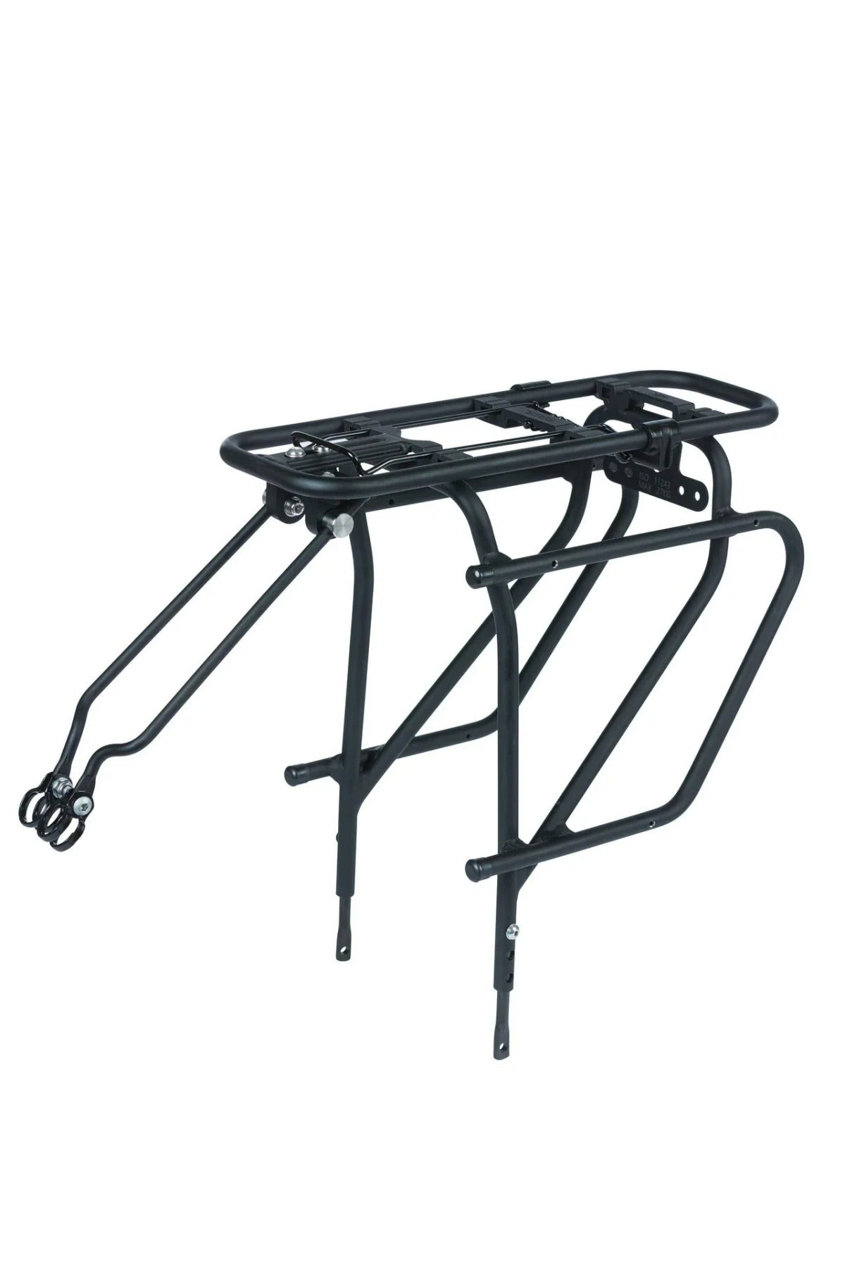 A black bicycle carrier rack on a white background