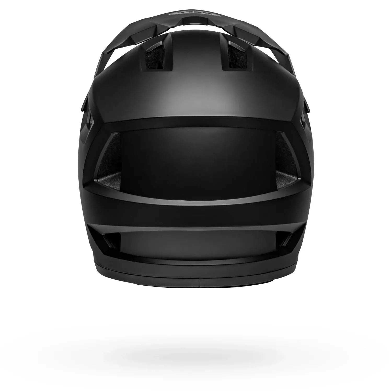 Rear view of a black full face mountain bike helmet on a white background
