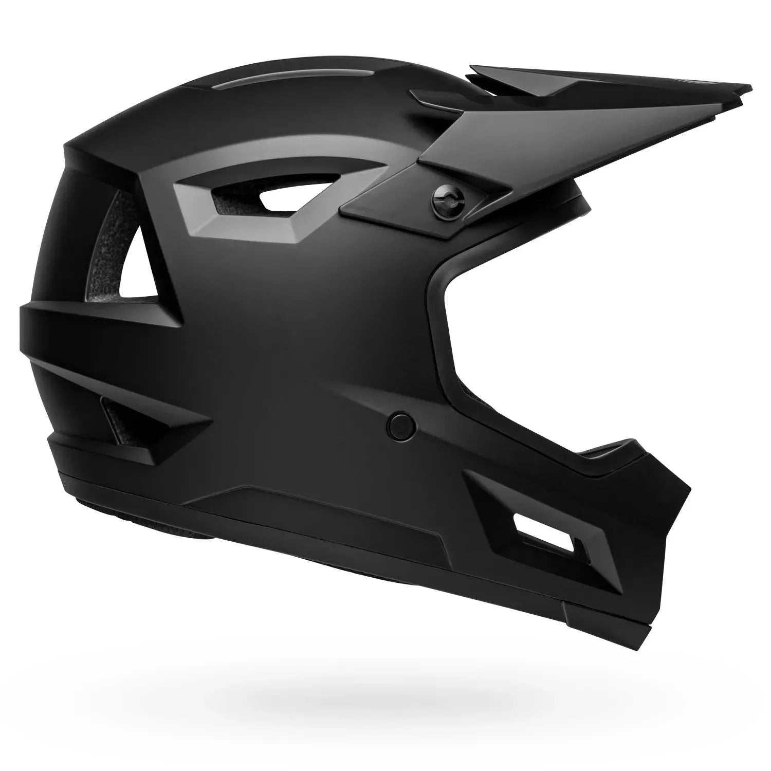 Black full face mountain bike helmet on a white background