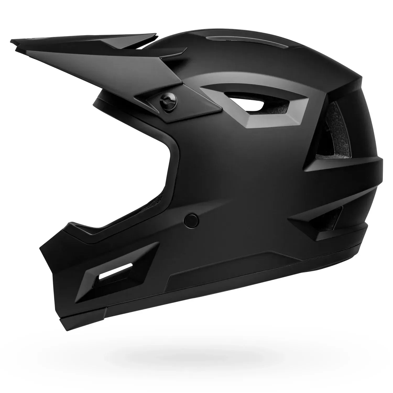 Black full face mountain bike helmet on a white background