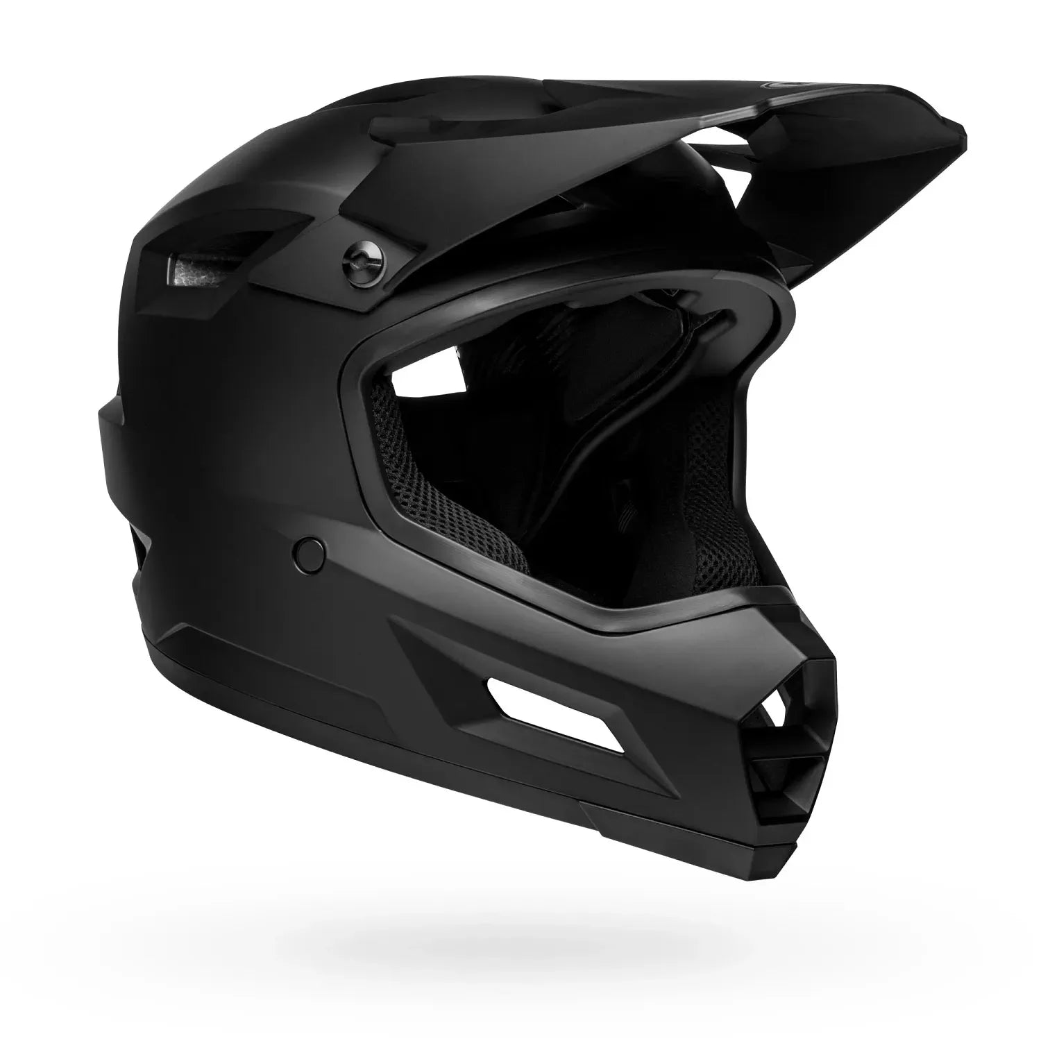 Black full face mountain bike helmet on a white background