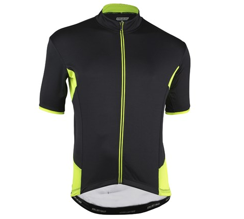 A black cycling jersey with fluro green highlights and zip on a white background