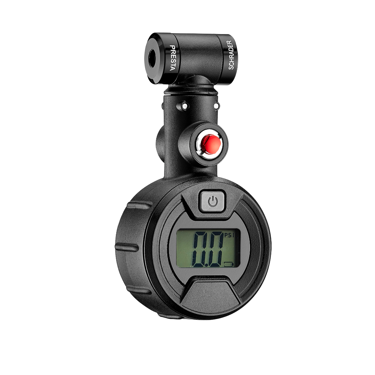 Digital bicycle tyre pressure gauge with digital display on a white background