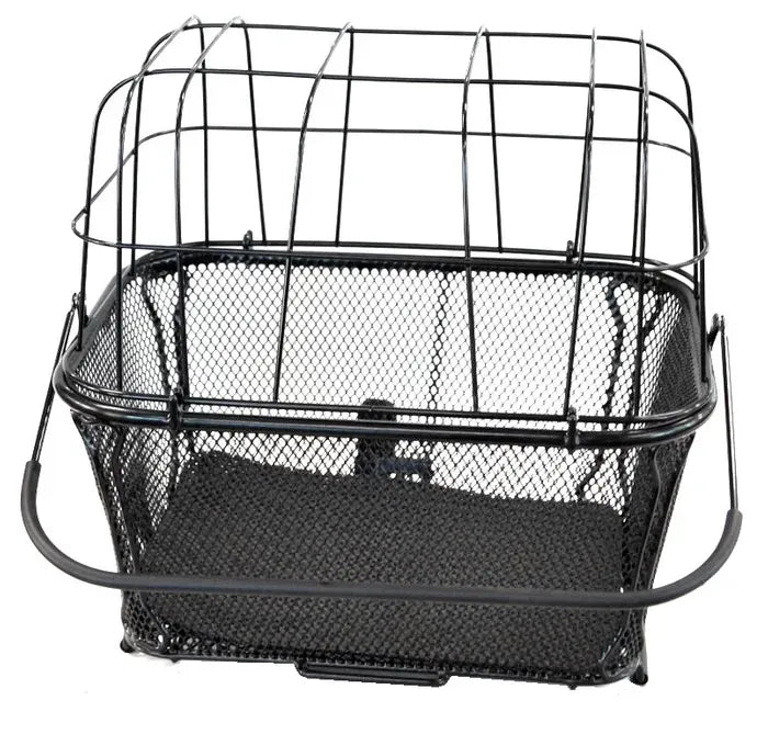 Black wire Bi2 pet carrier with a mesh design on a white background