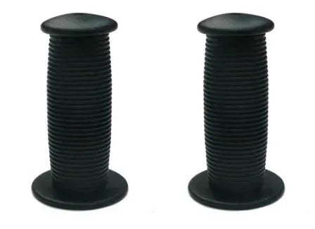 A pair of black tricycle grips on a white background