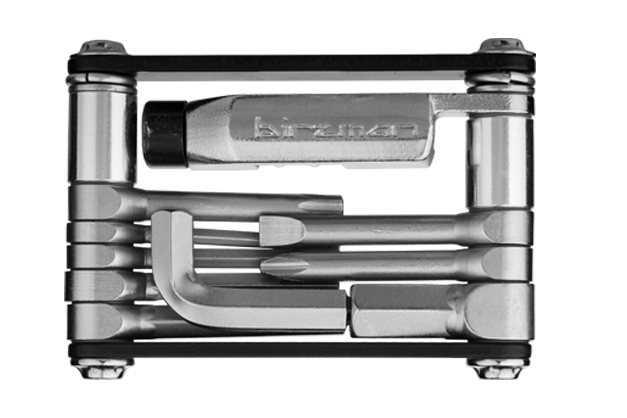 A silver bicycle multi tool on a white background