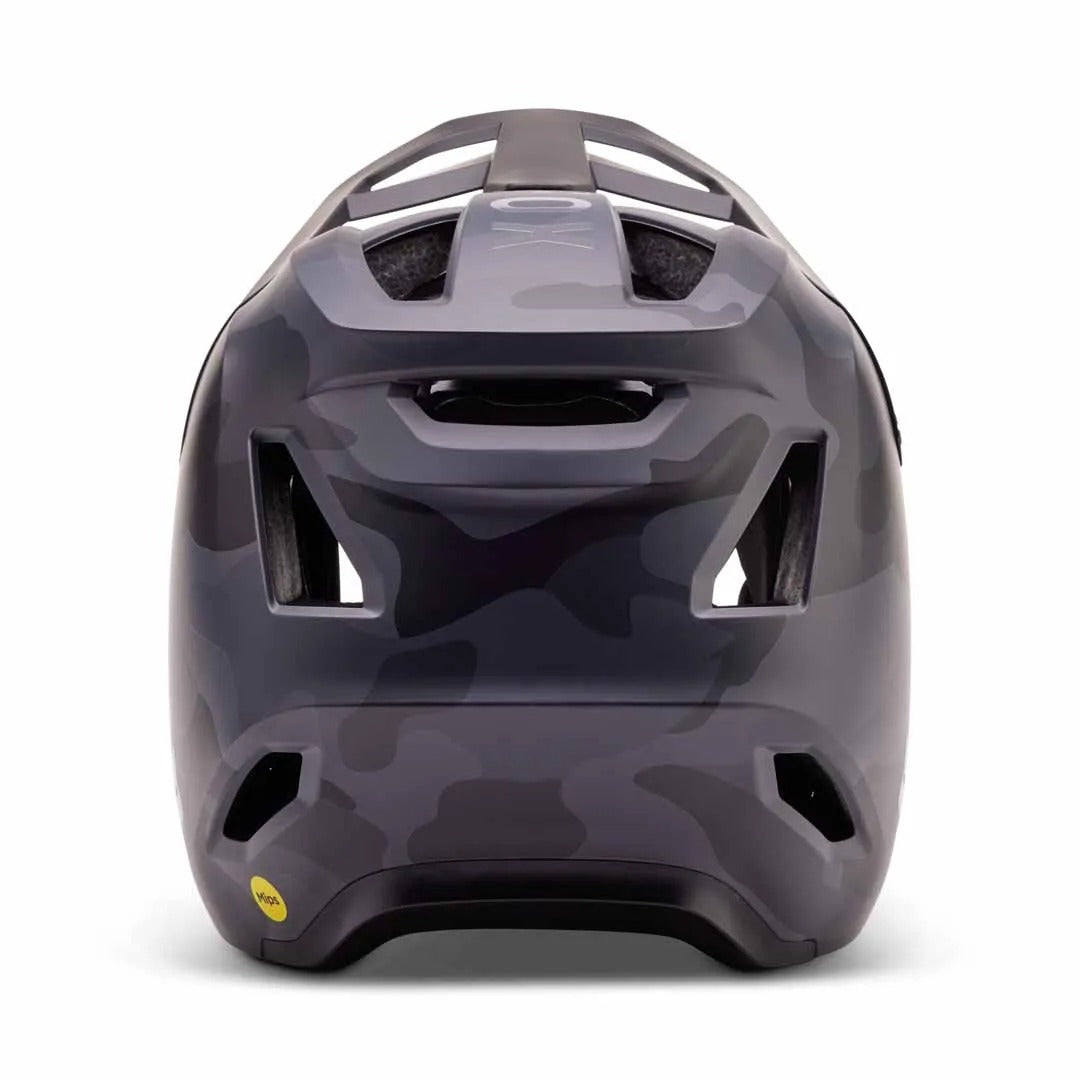 Back view of a black Camo Fox Full Face Mountain Bike Helmet on a white background
