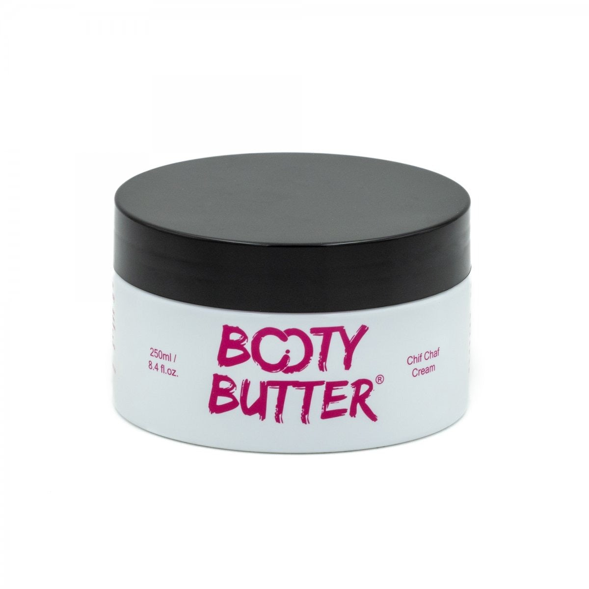 Jar of 'Booty Butter' cream with black lid on a white background