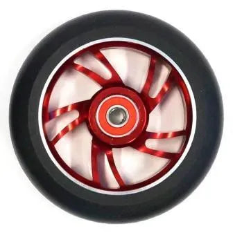 A scooter wheel with a red metallic alloy core and red bearing on a white background