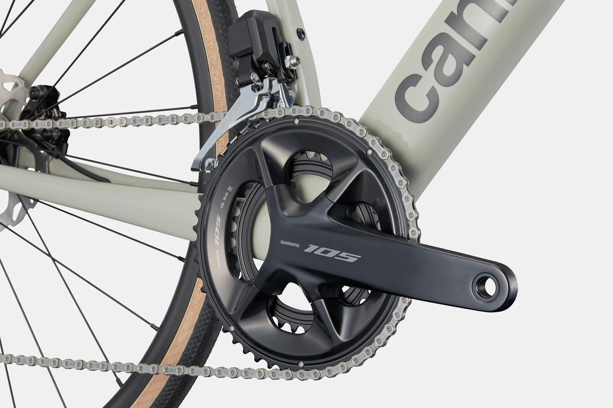 A picture of the front chainring on a Cannondale road bike