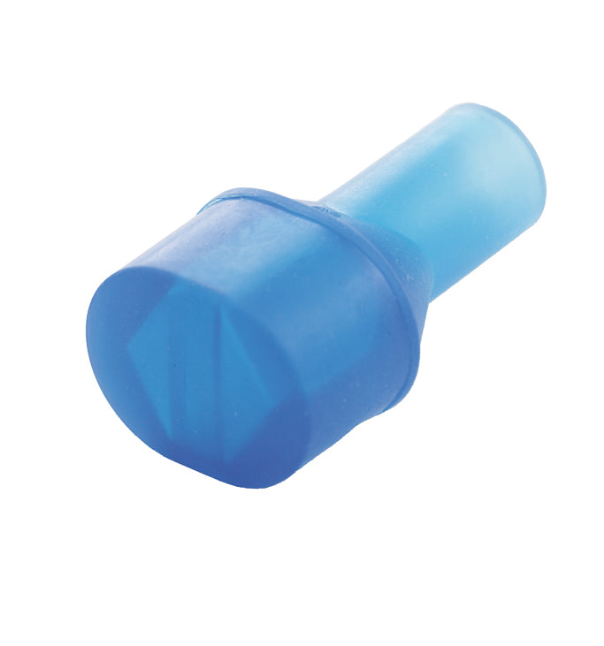 A blue Camelbak bite valve on a white background
