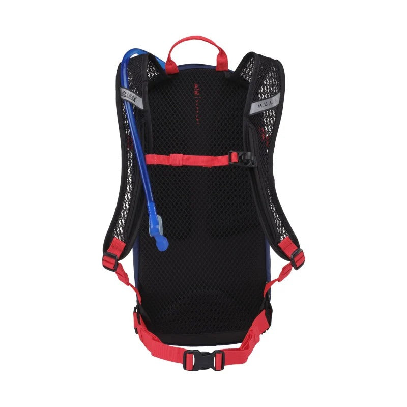 Black hydration backpack with red straps on a white background