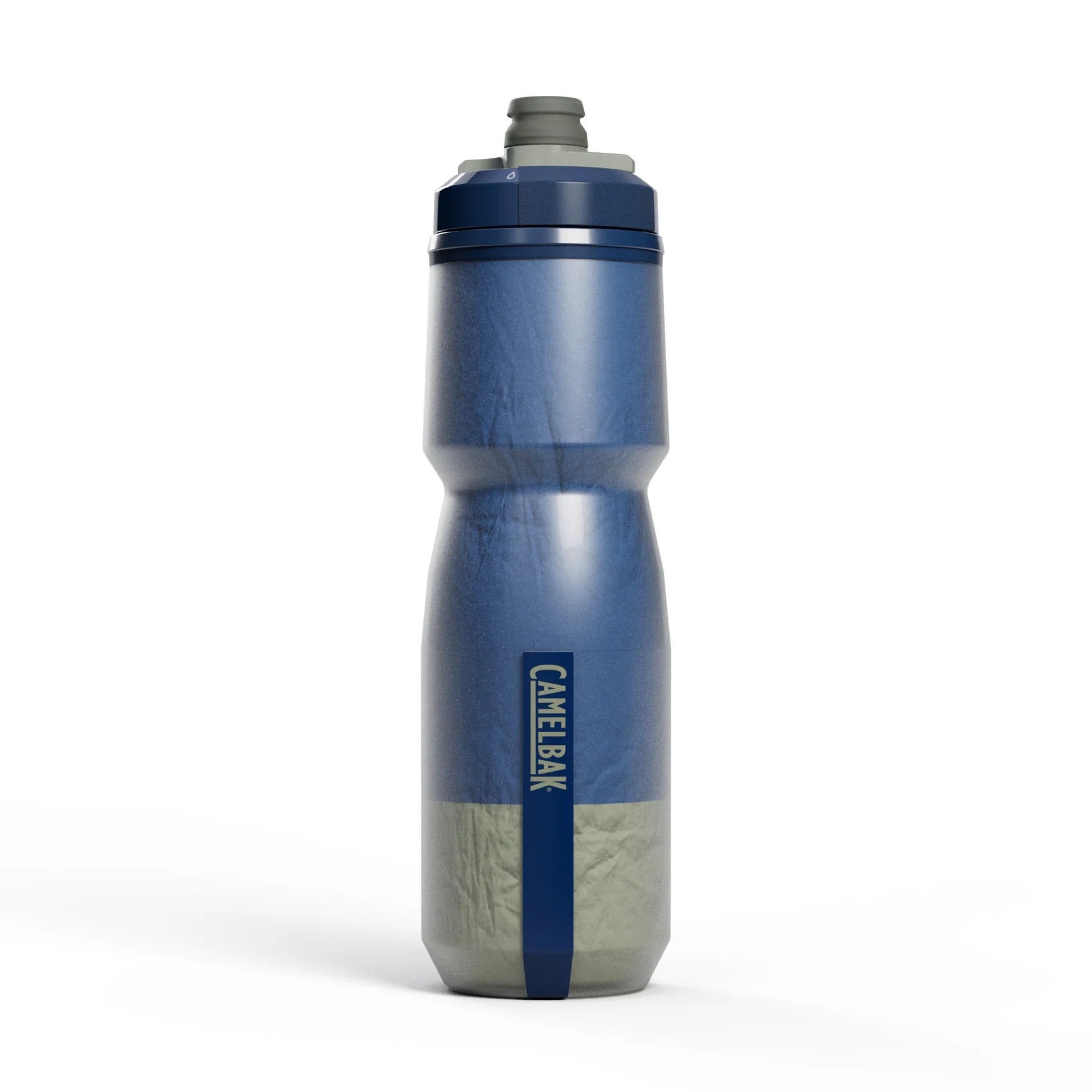 Blue and olive green CamelBak water bottle on a white background